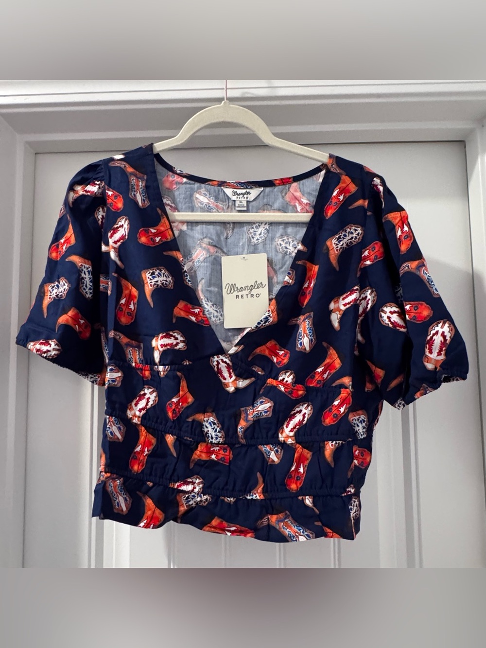 Wrangler Navy Western Print V-Neck Crop Top